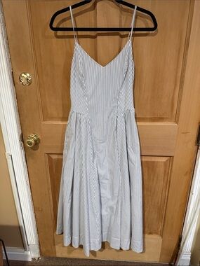 Aritzia Striped White and Light Gray Spaghetti Strap Midi Dress, size 2
